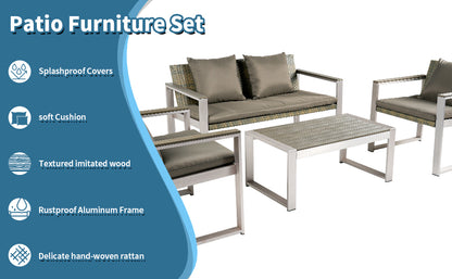 Aluminum and Rattan Modern 4 Piece Sofa Seating Group For Patio Garden Outdoor