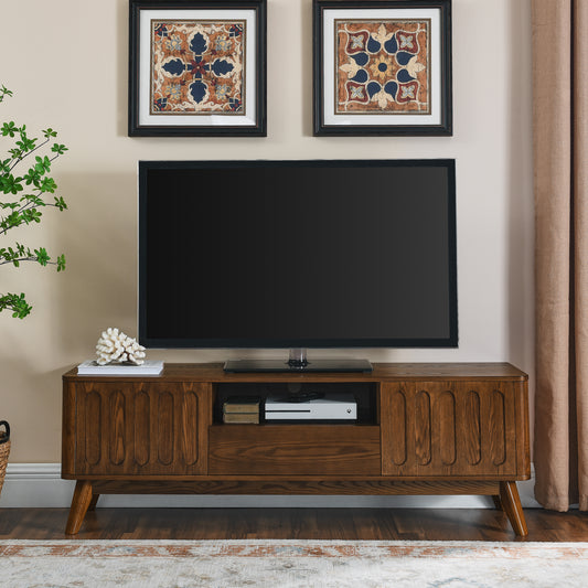 Mid Century Modern Fluted TV Stand for 65 inch TV, Entertainment Center with Storage, Farmhouse Wood Media Console for Living Room Apartment Office, Accent Table, 2 Door & 1 Drawer & Solid Wood Leg