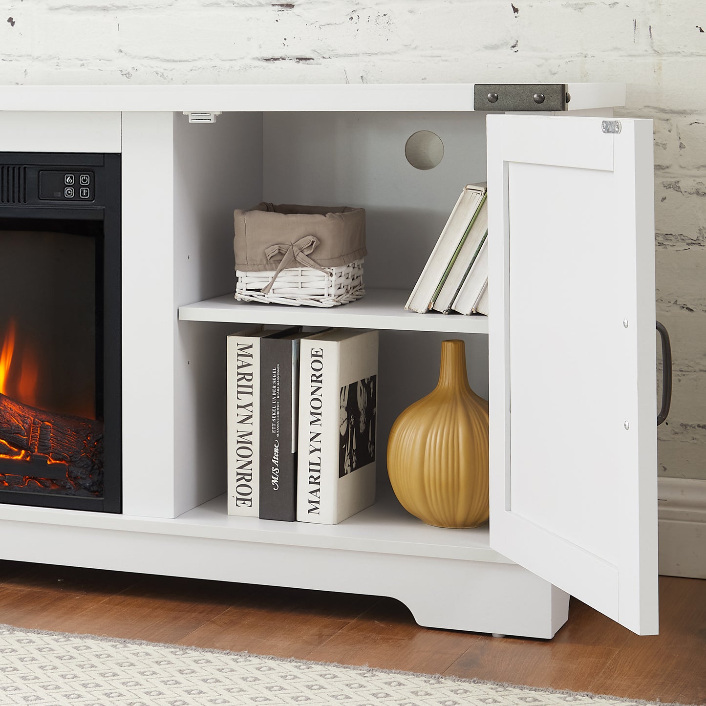 Modern Farmhouse TV Media Stand, Large Barn Inspired Home Entertainment Console, with 23" Fireplace Insert, for TV Up to 70'', with Open Shelves and Closed Cabinets, White, 64.8"W*15.67"D*24.29"H