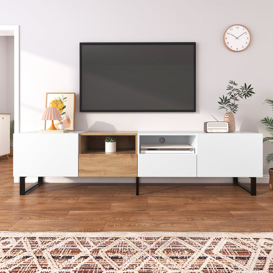 Modern TV Stand with 2 Cabinets& Open Storage Compartment, Color-matching Media Console Table for TVs up to 85'', Entertainment Center with Drop Down Door for Living Room, Bedroom, Home Theatre