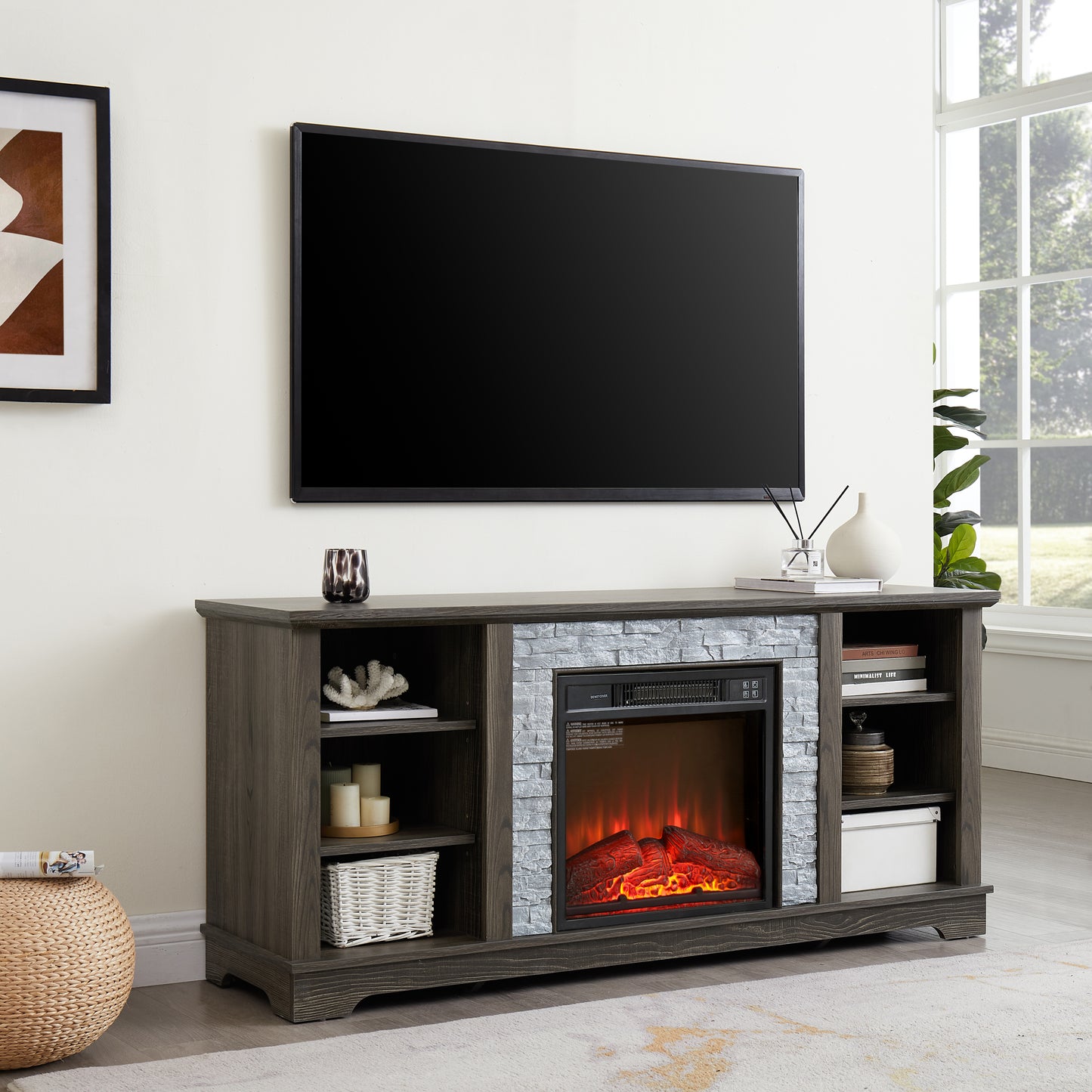 Mantel Electric Fireplace Stone TV Media Stand with Faux Stacked Stone Surround, Modern Entertainment Console with Open Storage Space with 18" Fireplace Insert ,Grey, 58.31"W*15.39"D*26.06"H