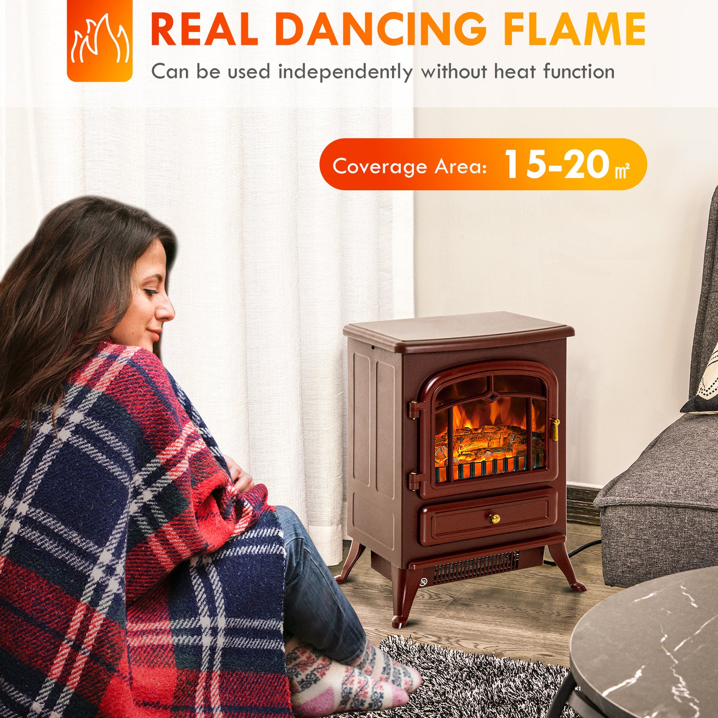 HOMCOM 22" Electric Fireplace Heater, Freestanding Fire Place Stove with Realistic LED Flames and Logs, and Overheating Protection, 750W/1500W, Red