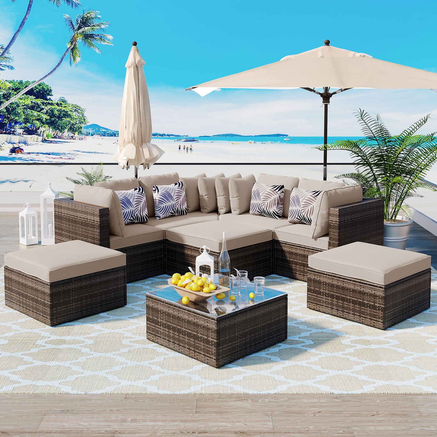 8-piece Outdoor Wicker Sofa Set, Rattan Sofa Lounger, With Colorful Pillows, Conversation Sofa, For Patio, Garden, Deck, Brown Wicker, Beige Cushion