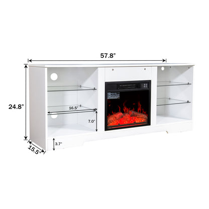 Fireplace TV Stand With 18 Inch Electric Fireplace Heater,Modern Entertainment Center for TVs up to 62 Inch With Adjustable Glass Shelves and Storage Cabinets  ( White )