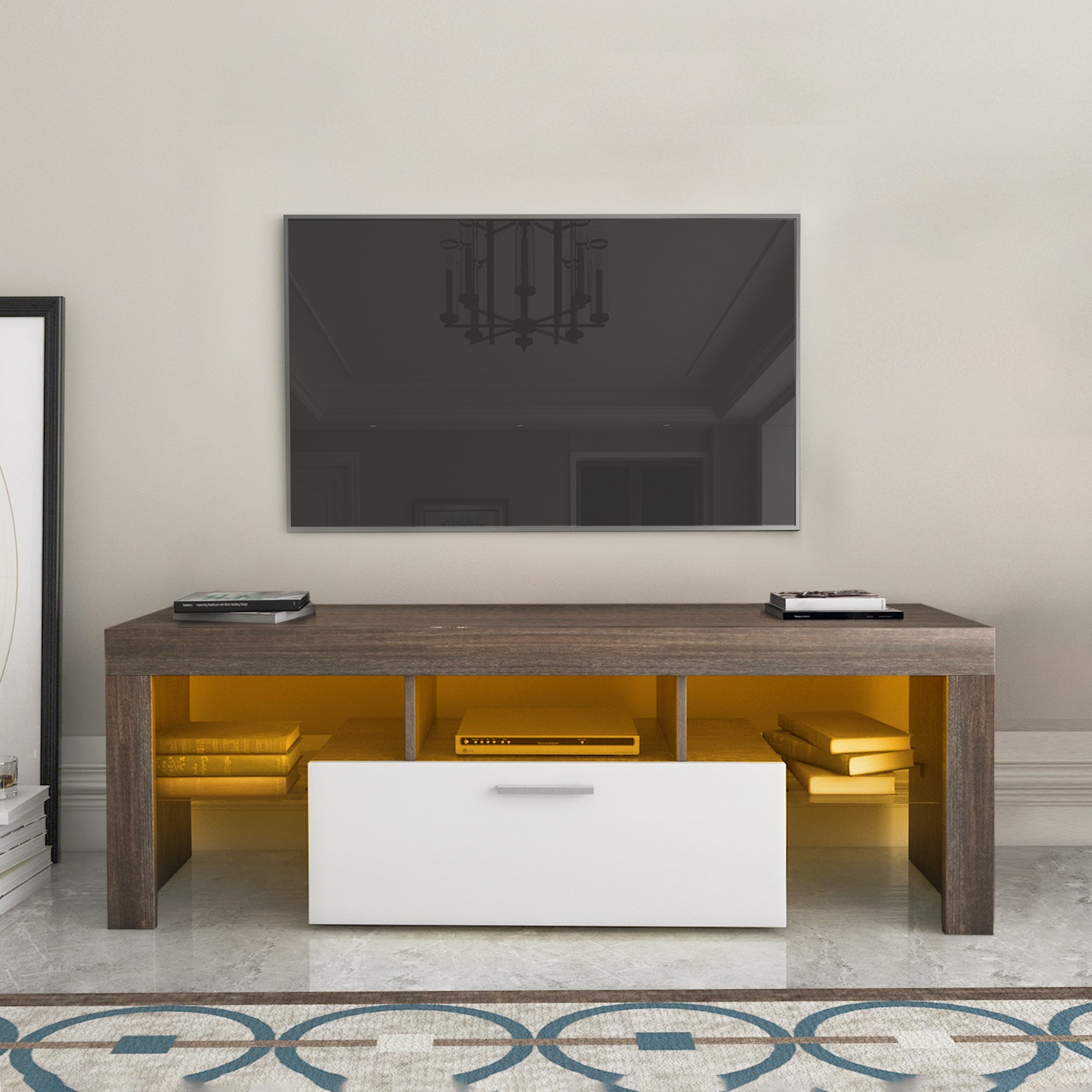 20 minutes quick assembly brown simple modern TV  stand with the toughened glass shelf Floor cabinet Floor TV wall cabinet Brown + whiteTV bracket  with LED Color Changing Lights for Living Room