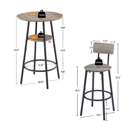 Round bar stool set with shelf, upholstered stool with backrest Grey, 23.62'' W x 23.62'' D x 35.43'' H.