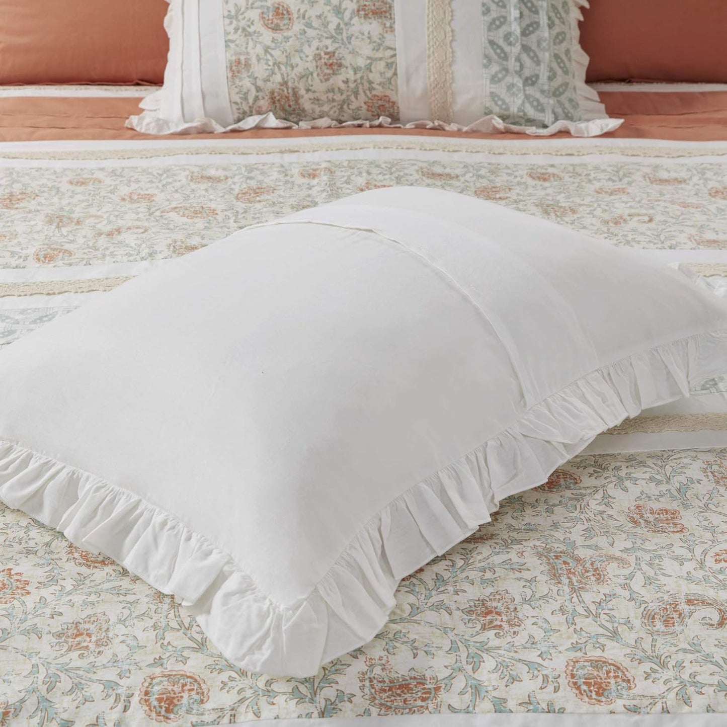 Coral Queen Size 9 pc. Shabby Chic Comforter Set