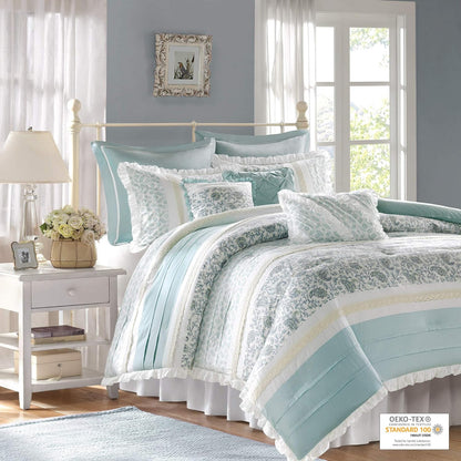 Aqua Blue King Size 9 pc. Shabby Chic Comforter Set