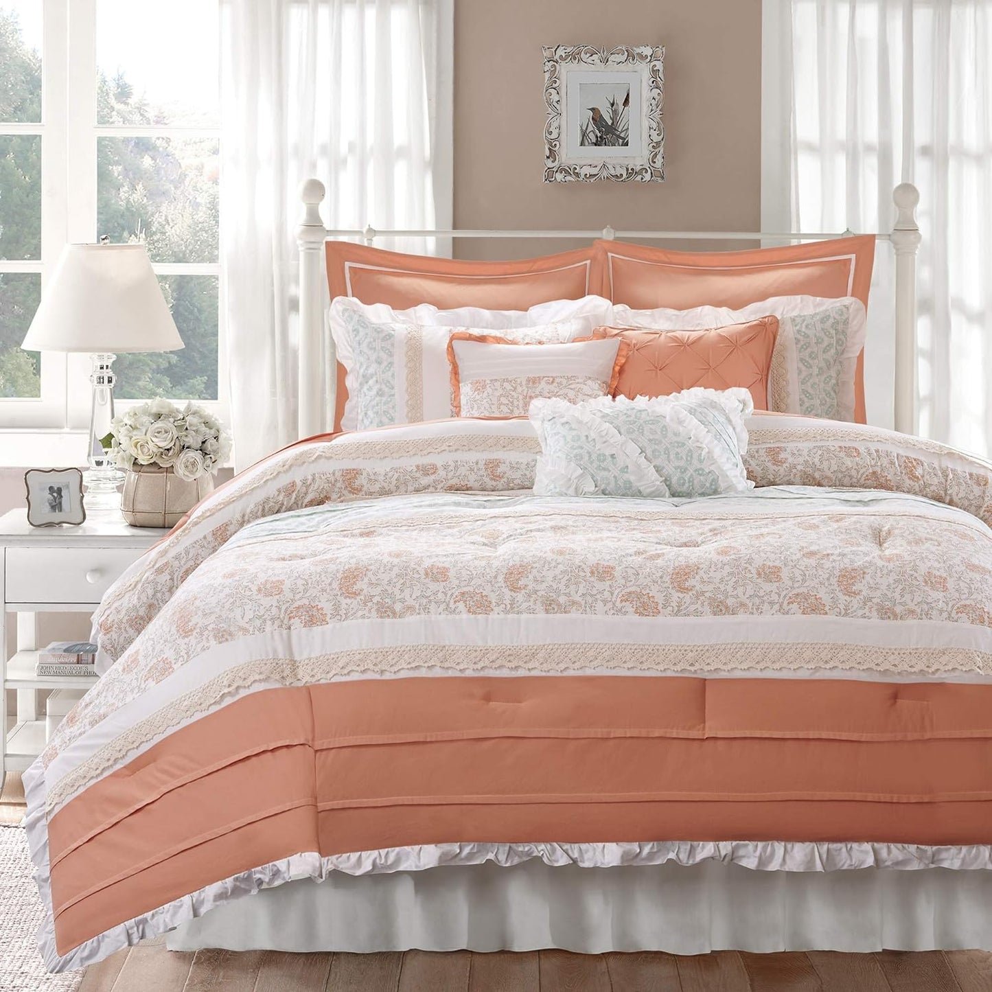 Coral Queen Size 9 pc. Shabby Chic Comforter Set