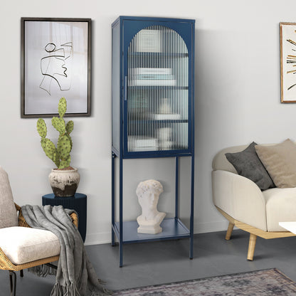 Stylish Tempered Glass High Cabinet with Arched Door Adjustable Shelves and Feet Anti-Tip Dust-free Fluted Glass Kitchen Credenza Blue