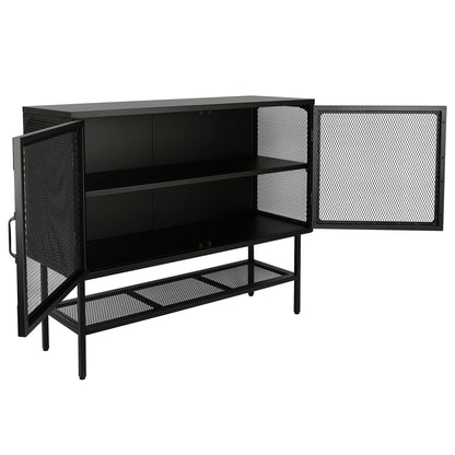 Industrial Double Door Cabinet Console Table with 2 Mesh Doors Adjustable Shelf and Feet Bottom Shelf Anti-Tip Dust-free Kitchen Credenza Sideboard Frosted Black