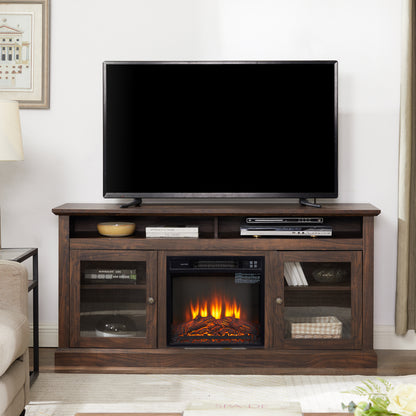 TV Stand for 65 inch TV, Entertainment Center with 18" Fireplace Insert TV Console Cabinet for Living Room/Bedroom Brown, 60"W*15.75"D*29"H