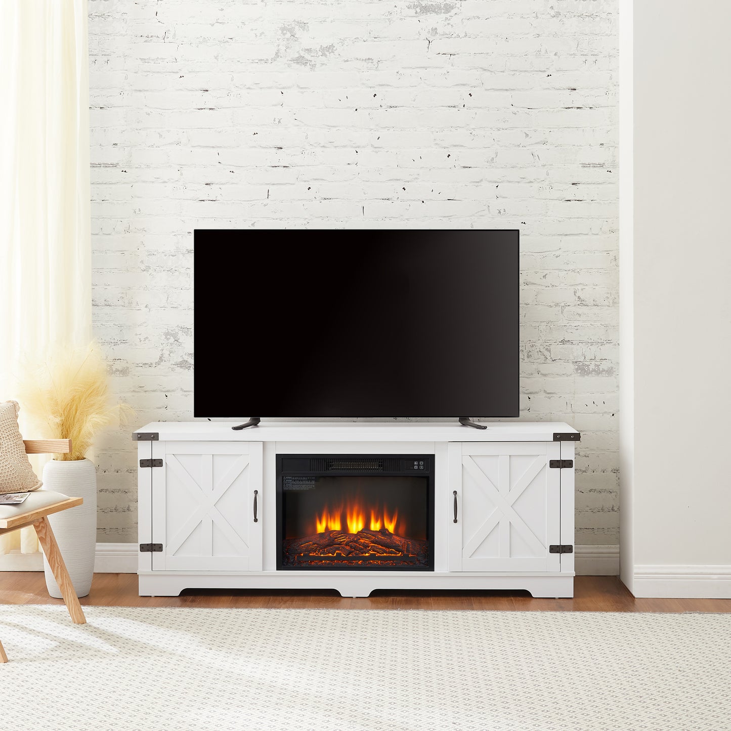 Modern Farmhouse TV Media Stand, Large Barn Inspired Home Entertainment Console, with 23" Fireplace Insert, for TV Up to 70'', with Open Shelves and Closed Cabinets, White, 64.8"W*15.67"D*24.29"H