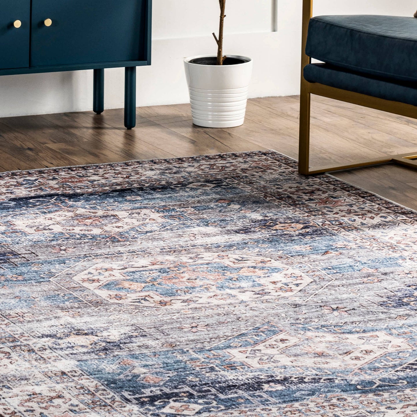 Drina Machine Washable Distressed Area Rug: Blue / Rectangle / 5' x 8'