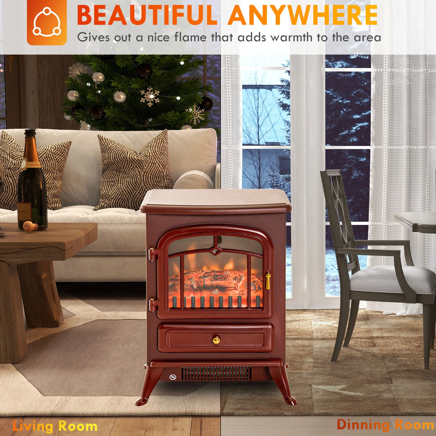 HOMCOM 22" Electric Fireplace Heater, Freestanding Fire Place Stove with Realistic LED Flames and Logs, and Overheating Protection, 750W/1500W, Red