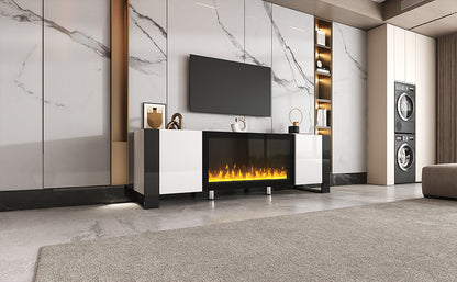 ON-TREND Modern TV Stand with 34.2" Non-heating Electric Fireplace, High Gloss Entertainment Center with 2 Cabinets, Media Console for TVs up to 78", White