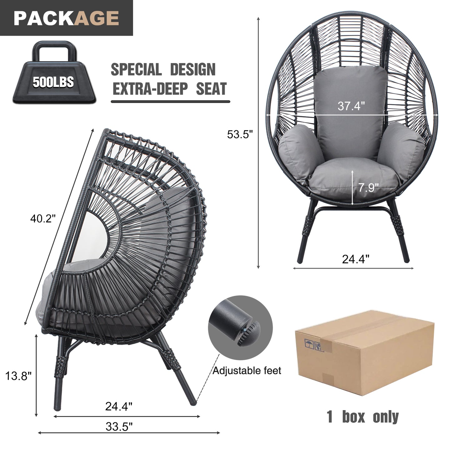 Patio PE Wicker Egg Chair Model 2 with Black Color Rattan Grey Cushion