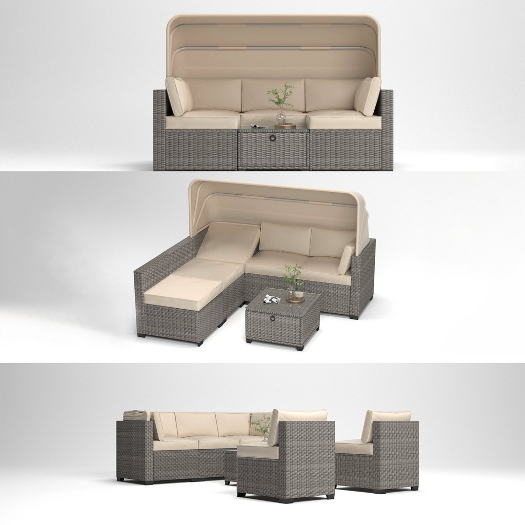 6 Pieces Patio Furniture Sets, Outdoor Rattan Daybed with Retractable Canopy, Outdoor Sectional Sofa Set with Adjustable Backrest, Chaise Chair Sunbed for Garden Poolside Backyard-3