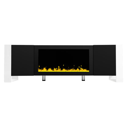 ON-TREND Modern TV Stand with 34.2" Non-heating Electric Fireplace, High Gloss Entertainment Center with 2 Cabinets, Media Console for TVs up to 78", Black