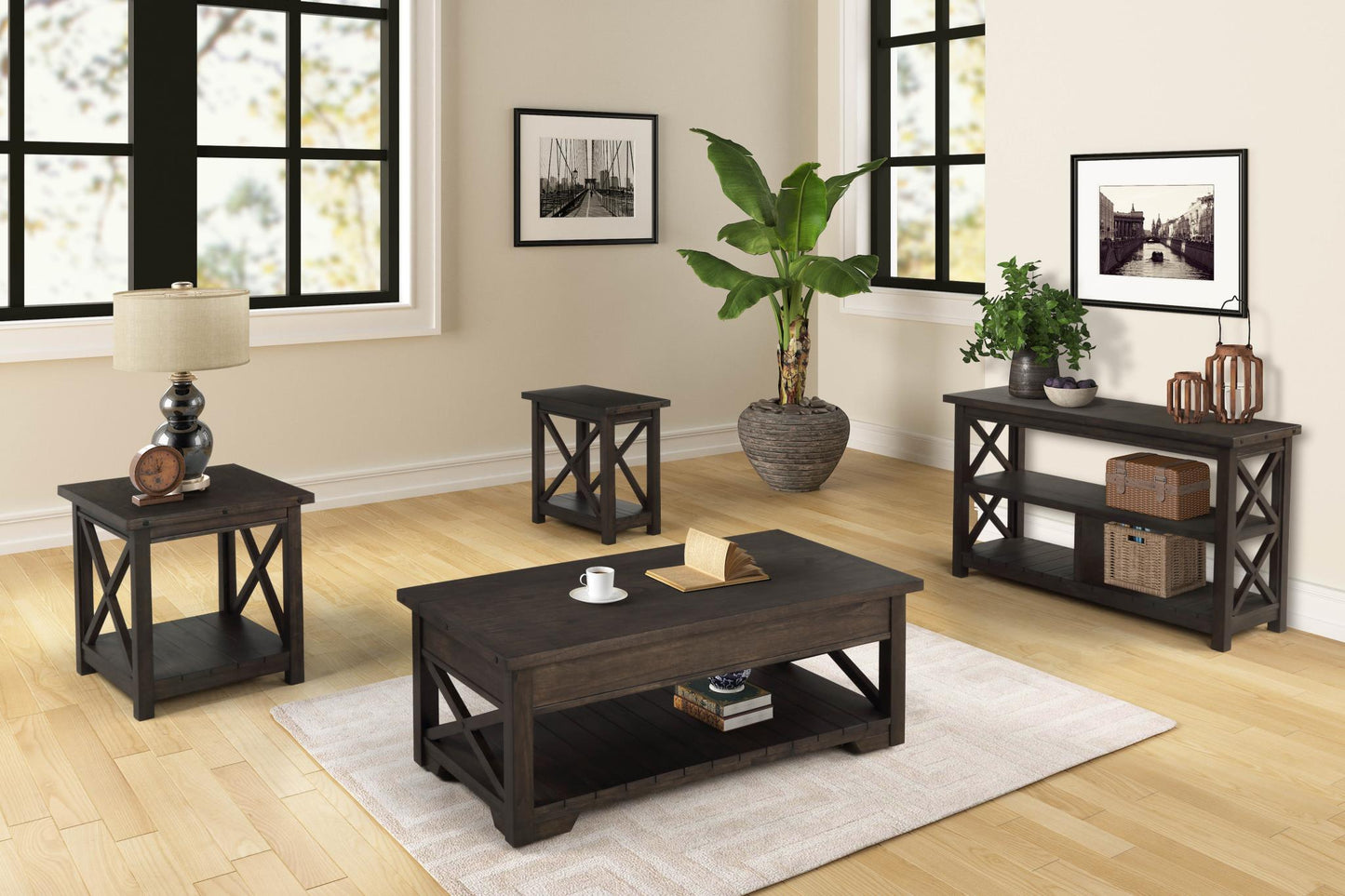 Distressed Brown Lift Top Coffee Table Set