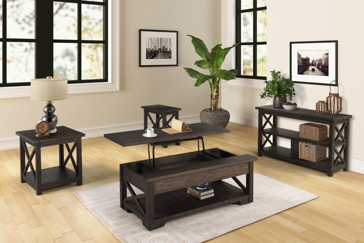 Distressed Brown Lift Top Coffee Table Set