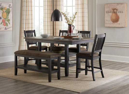 Tortilla Brown Shelf Pub Table with Four Chairs and Bench