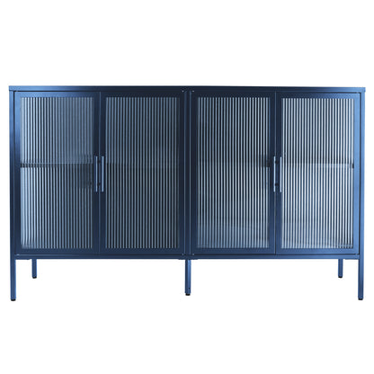 Stylish 4-Door Tempered Glass Cabinet with 4 Glass Doors Adjustable Shelf and Feet Anti-Tip Dust-free Fluted Glass Kitchen Credenza Blue