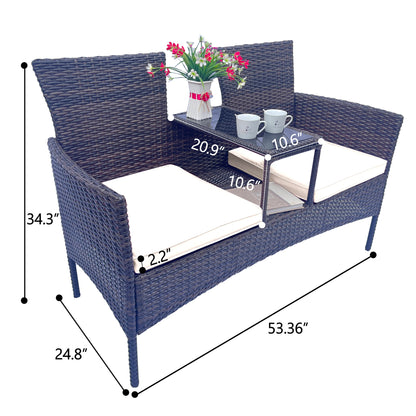 Wicker Patio Conversation Furniture Set, Outdoor Furniture Set with Removable Cushions & Table, Tempered Glass Top, Modern Rattan Bench for Garden Lawn Backyard