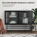 Double Door Tempered Glass Sideboard Console Table with 2 Fluted Glass Doors Adjustable Shelf and Feet Anti-Tip Dust-free Kitchen Credenza Cabinet Black