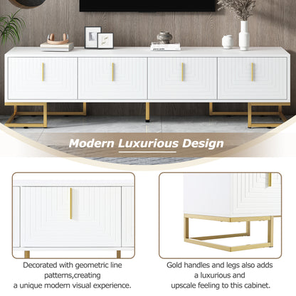 ON-TREND Modern TV Stand with Metal Legs and Gold Handles for TVs Up to 80'', Media Console Table with Cabinets and Adjustable Shelves, Luxury TV Cabinet with Geometric Lines for Living Room, White