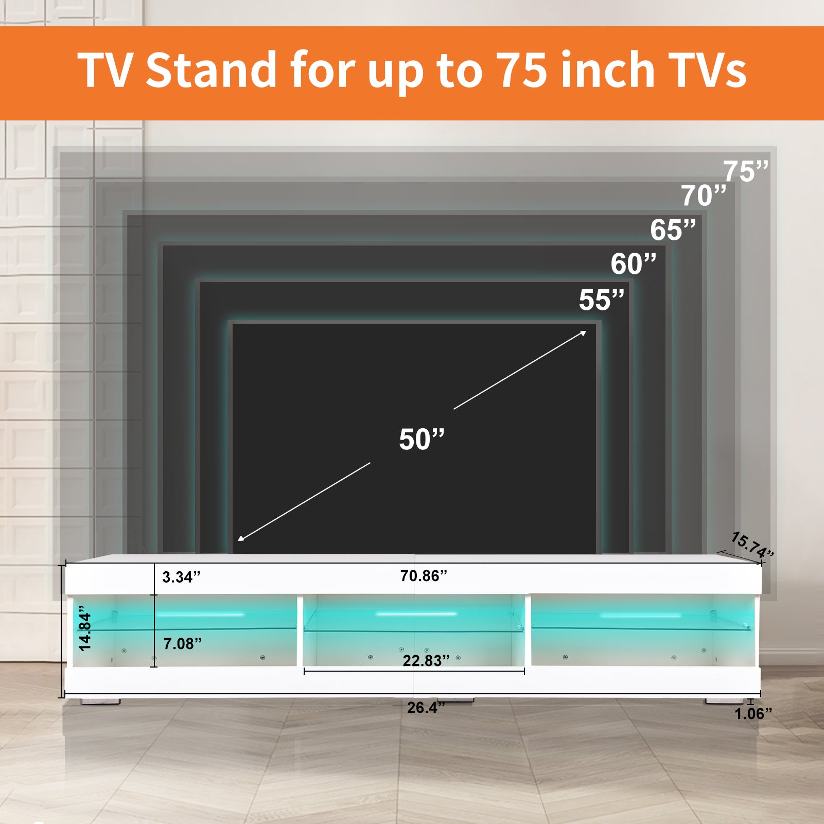 Modern LED TV Stand Entertainment Center with Storage and Glass Shelves High Glossy TV cabinet Table for Living Room Bedroom