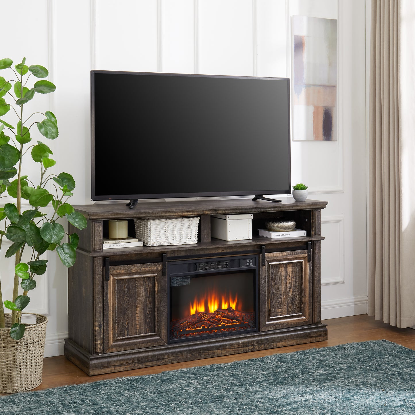 Modern Entertainment Console TV Stand with 23" Fireplace Insert, Multipurpose Sliding Door TV Cabinet Large Storage Space, 58.11"W*15.79"D*32.36"H Antique brown