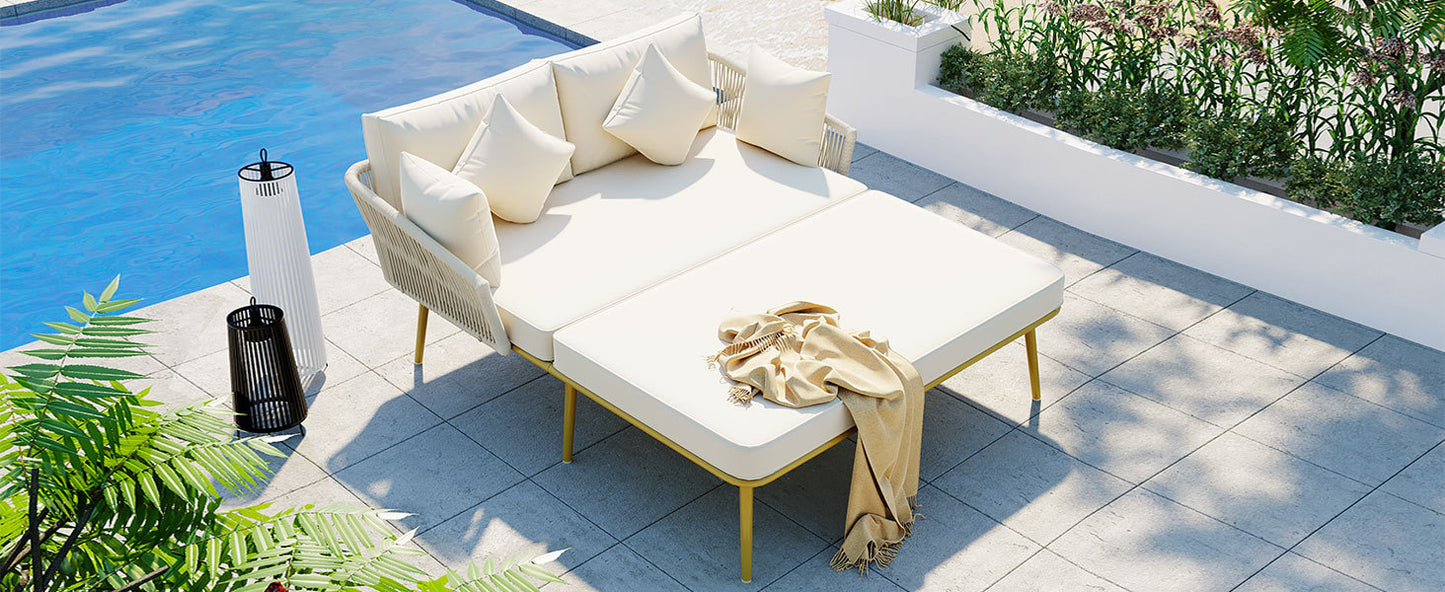 Outdoor Patio Daybed, Woven Nylon Rope Backrest with Washable Cushions for Balcony, Poolside, Set for 2 Person, Beige