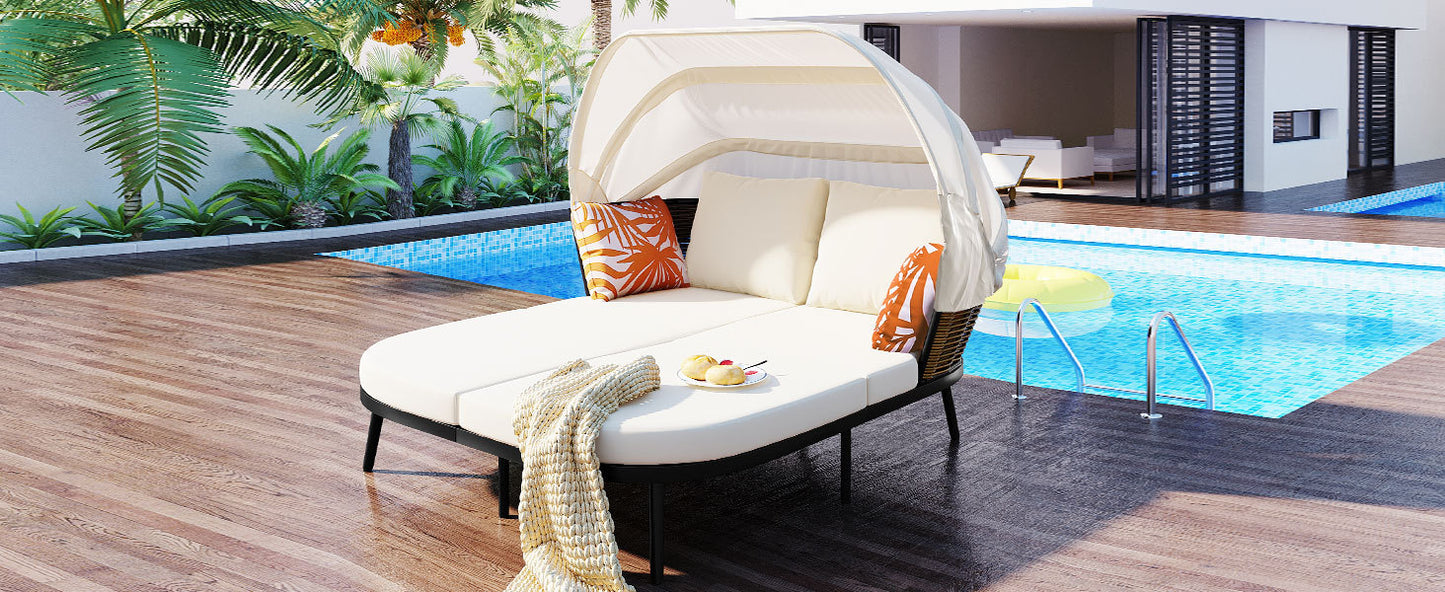 Daybed with Retractable Canopy, Outdoor Rattan PE Wicker Back Loveseat Sofa Set with Throw Pillows and Cushions for Backyard, Poolside, Garden, Beige