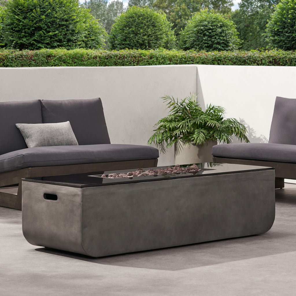 56" Outdoor Patio Concrete Fire table, Rectangle Gas Burning Fire Pit - 50, 000 BTU, Light Grey + Black Top (Tank Cover not Included)
