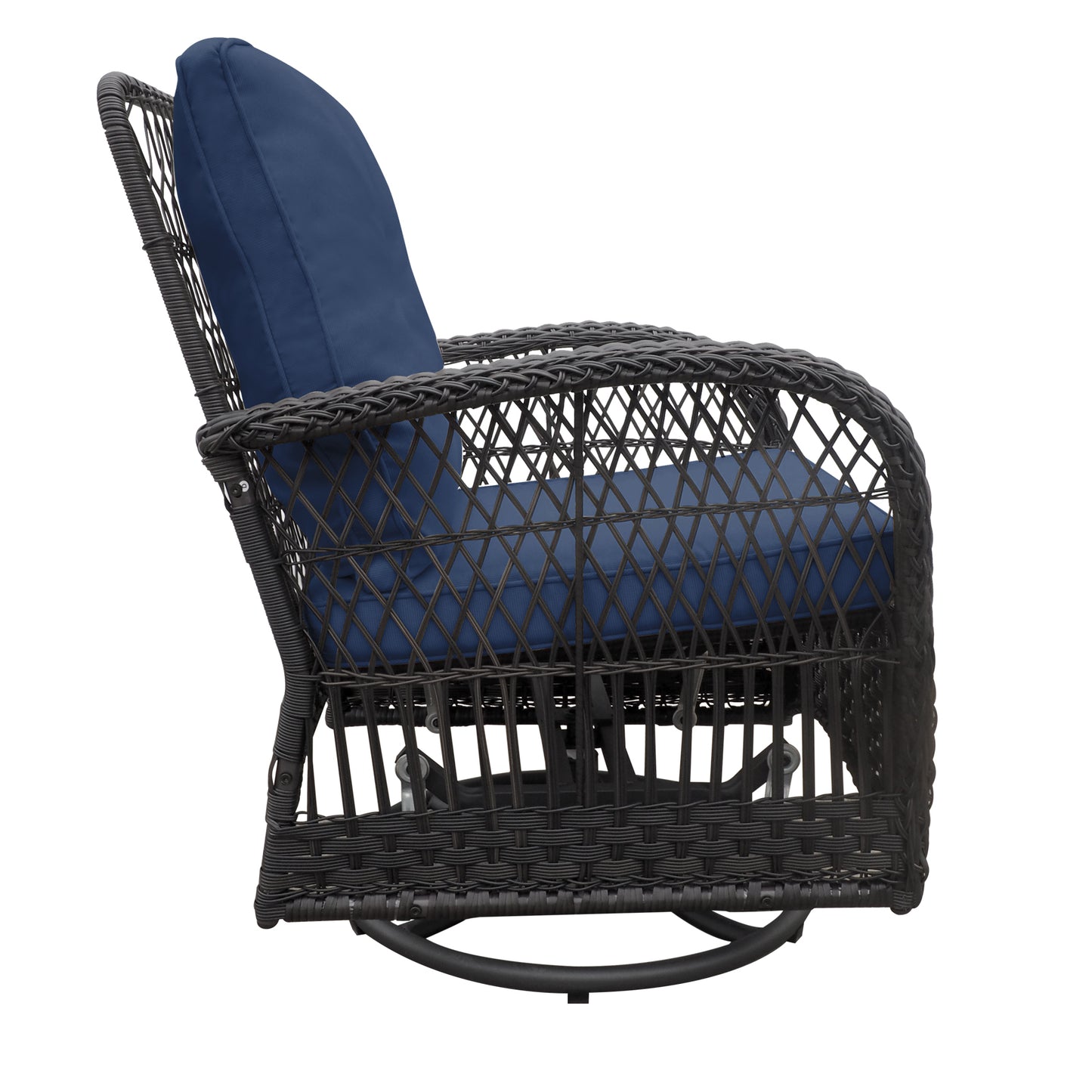 3 Pieces Conversation Set, Outdoor Wicker Rocker Swivel Patio Bistro Set, Rocking Chair with Glass Top Side Table,Navy Blue