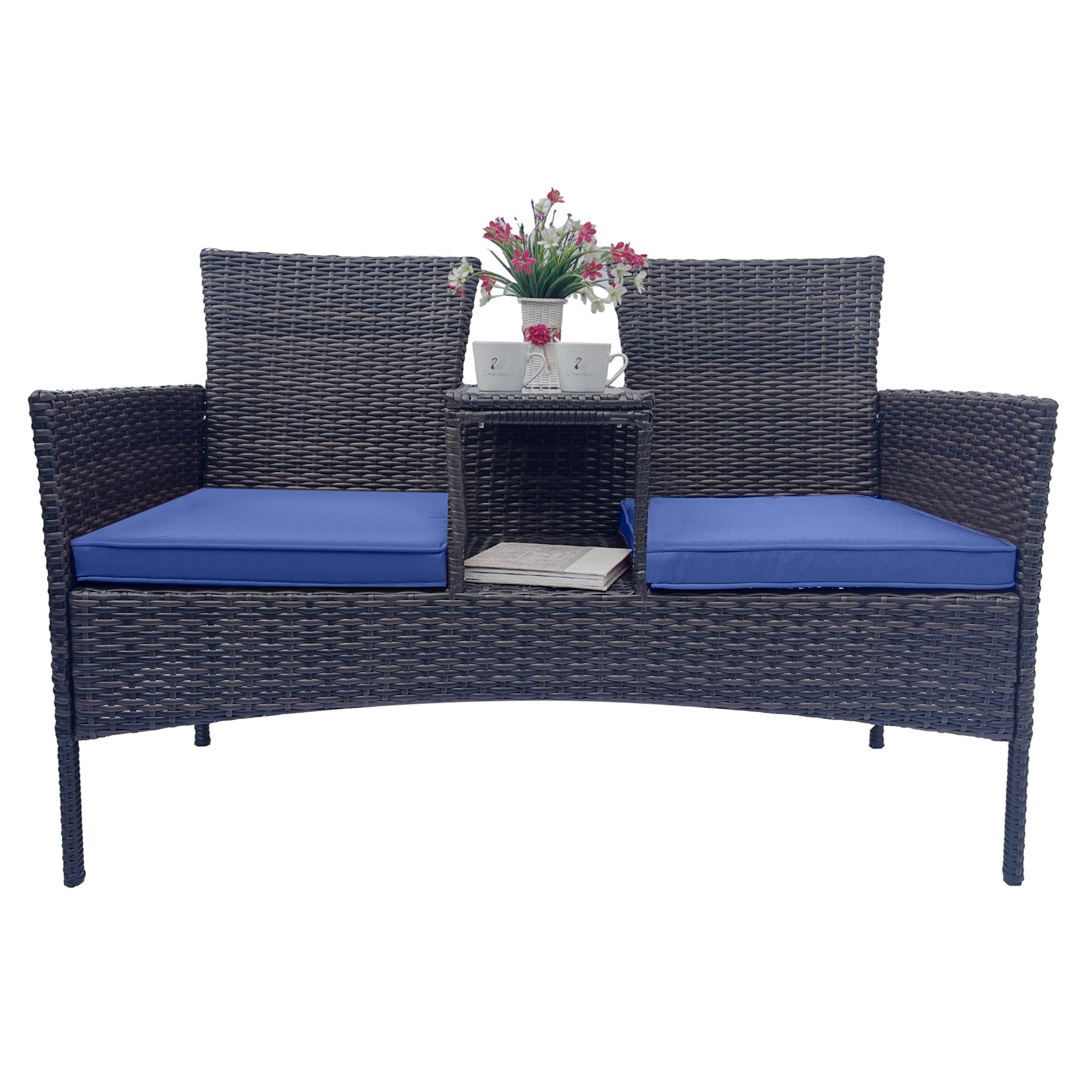 Wicker Patio Conversation Furniture Set, Outdoor Furniture Set with Removable Cushions & Table, Tempered Glass Top, Modern Rattan Bench for Garden Lawn Backyard