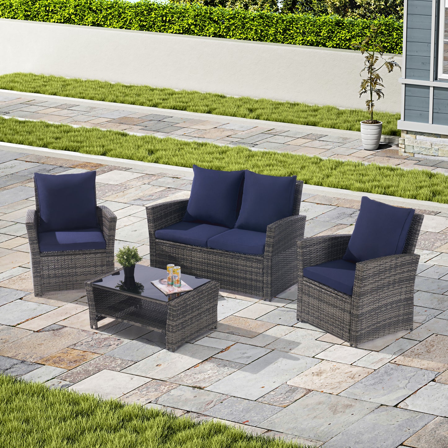 4 Pieces Outdoor Patio Furniture Sets Garden Rattan Chair Wicker Set, Poolside Lawn Chairs with Tempered Glass Coffee Table Porch Furniture,  Gray Rattan +  Dark Blue color Cushion