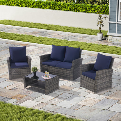 4 Pieces Outdoor Patio Furniture Sets Garden Rattan Chair Wicker Set, Poolside Lawn Chairs with Tempered Glass Coffee Table Porch Furniture,  Gray Rattan +  Dark Blue color Cushion