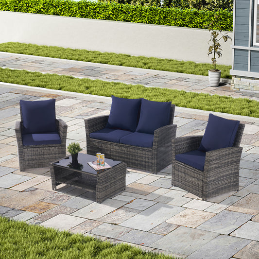 4 Pieces Outdoor Patio Furniture Sets Garden Rattan Chair Wicker Set, Poolside Lawn Chairs with Tempered Glass Coffee Table Porch Furniture,  Gray Rattan +  Dark Blue color Cushion