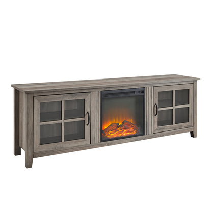 Modern Farmhouse 2-Door Glass Windowpane 70" Fireplace TV Stand for 80" TVs - Grey Wash