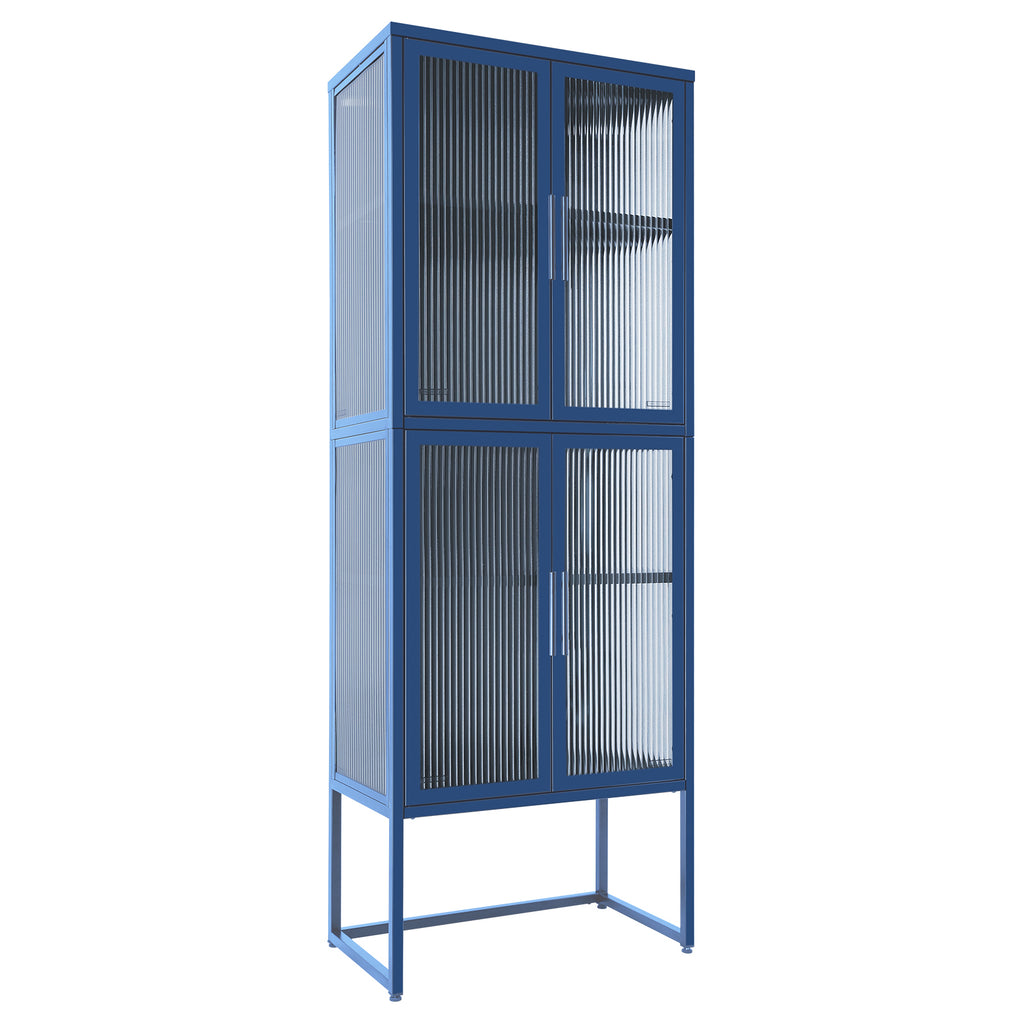 Stylish 4-Door Tempered Glass Cabinet with 4 Glass Doors Adjustable Shelves U-Shaped Leg Anti-Tip Dust-free Fluted Glass Kitchen Credenza Blue