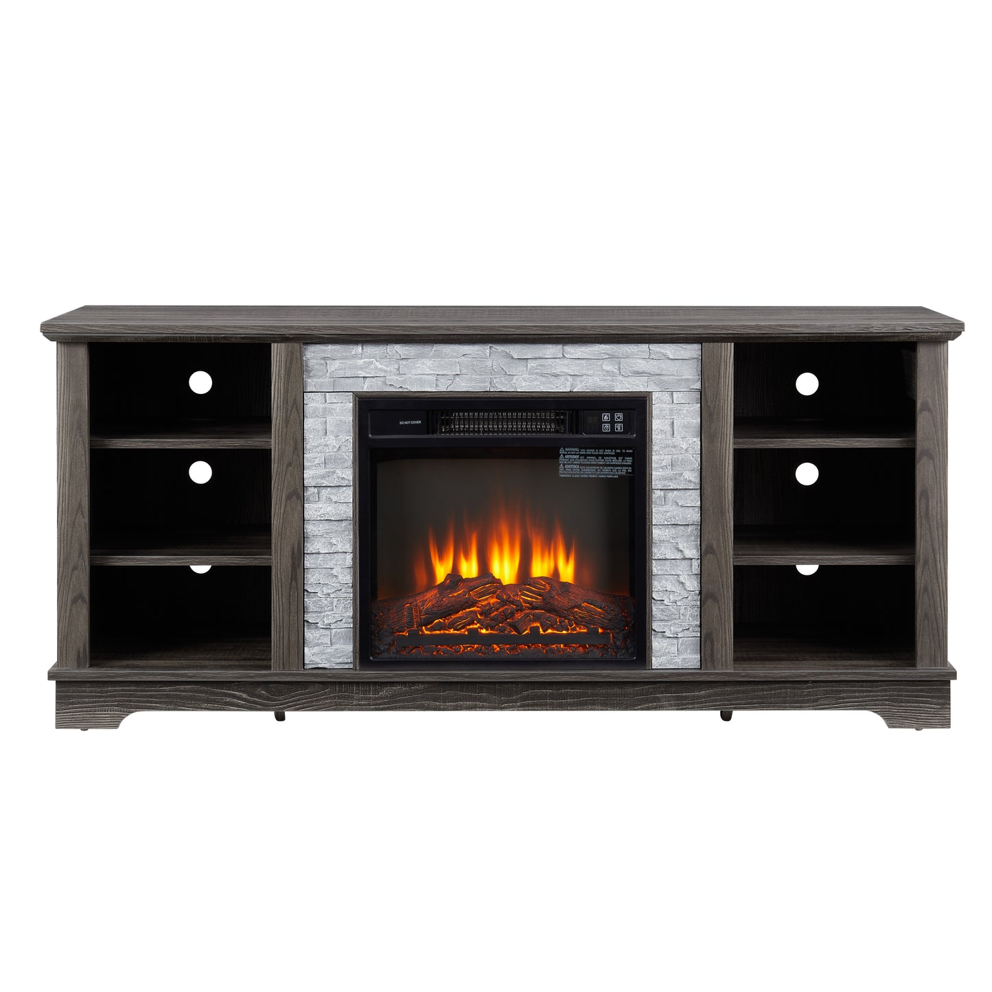 Mantel Electric Fireplace Stone TV Media Stand with Faux Stacked Stone Surround, Modern Entertainment Console with Open Storage Space with 18" Fireplace Insert ,Grey, 58.31"W*15.39"D*26.06"H