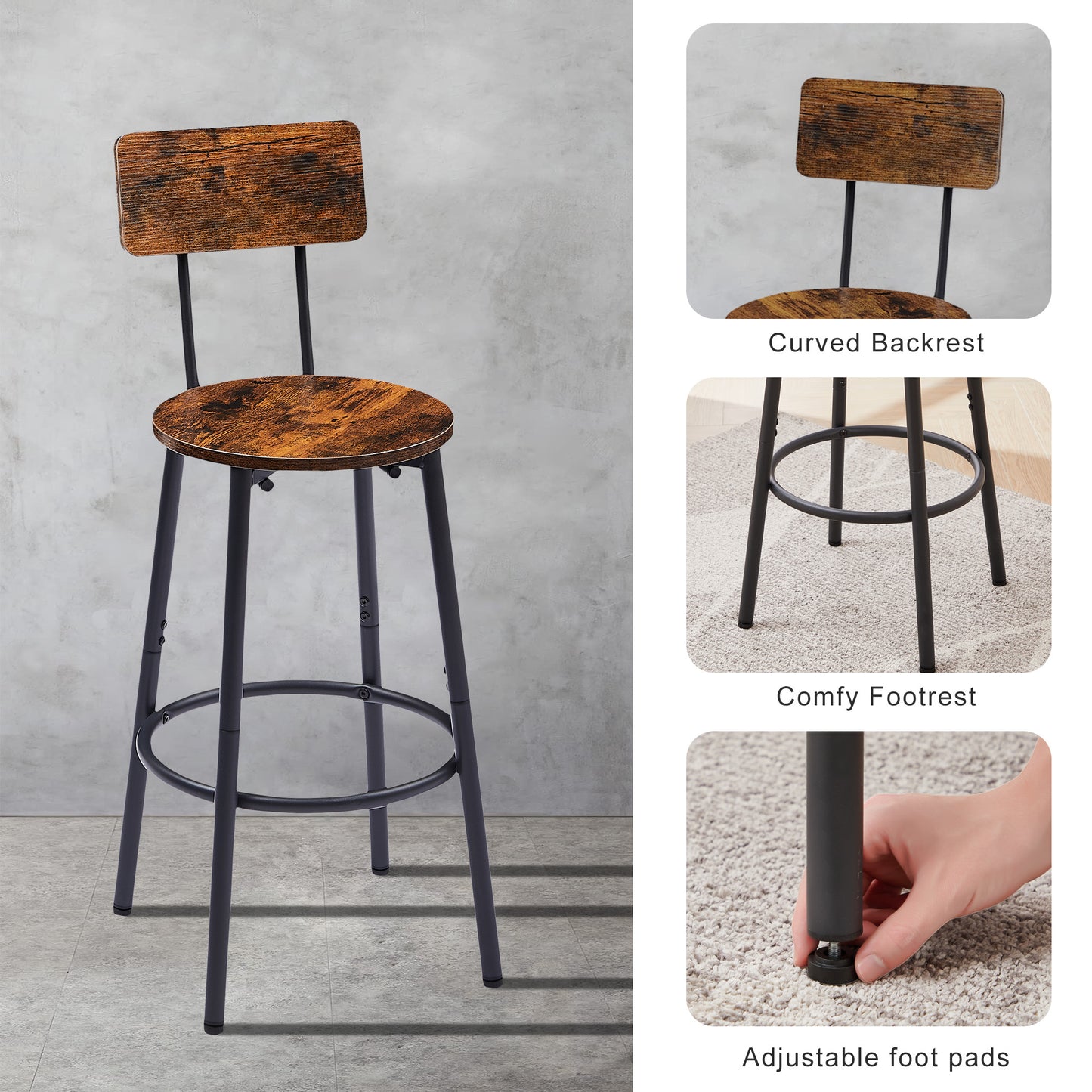 Round bar stool set with shelves, stool with backrest Rustic Brown, 23.6'' Dia x 35.4'' H