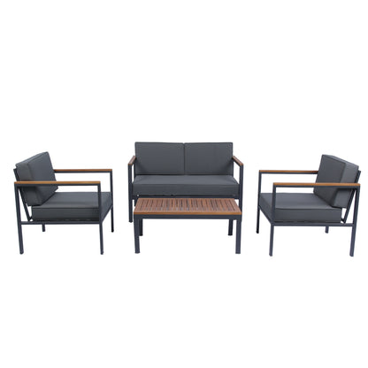 4 Piece Outdoor Sofa Set with Acacia Wood Top, Padded Patio Conversation Table Chair Set w/Coffee Table for Garden, Backyard, Poolside Dark Grey Cushion