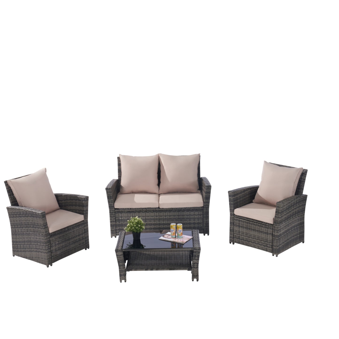 4 Pieces Outdoor Patio Furniture Sets Garden Rattan Chair Wicker Set, Poolside Lawn Chairs with Tempered Glass Coffee Table Porch Furniture,  Gray Rattan +  sand color Cushion