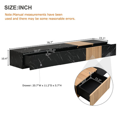 ON-TREND TV Stand with Faux Marble and Walnut Wood Grain Finish for TVs up to 88'', Modern Free-Combination Entertainment Center with 4 Storage Drawers for Living Room, Black