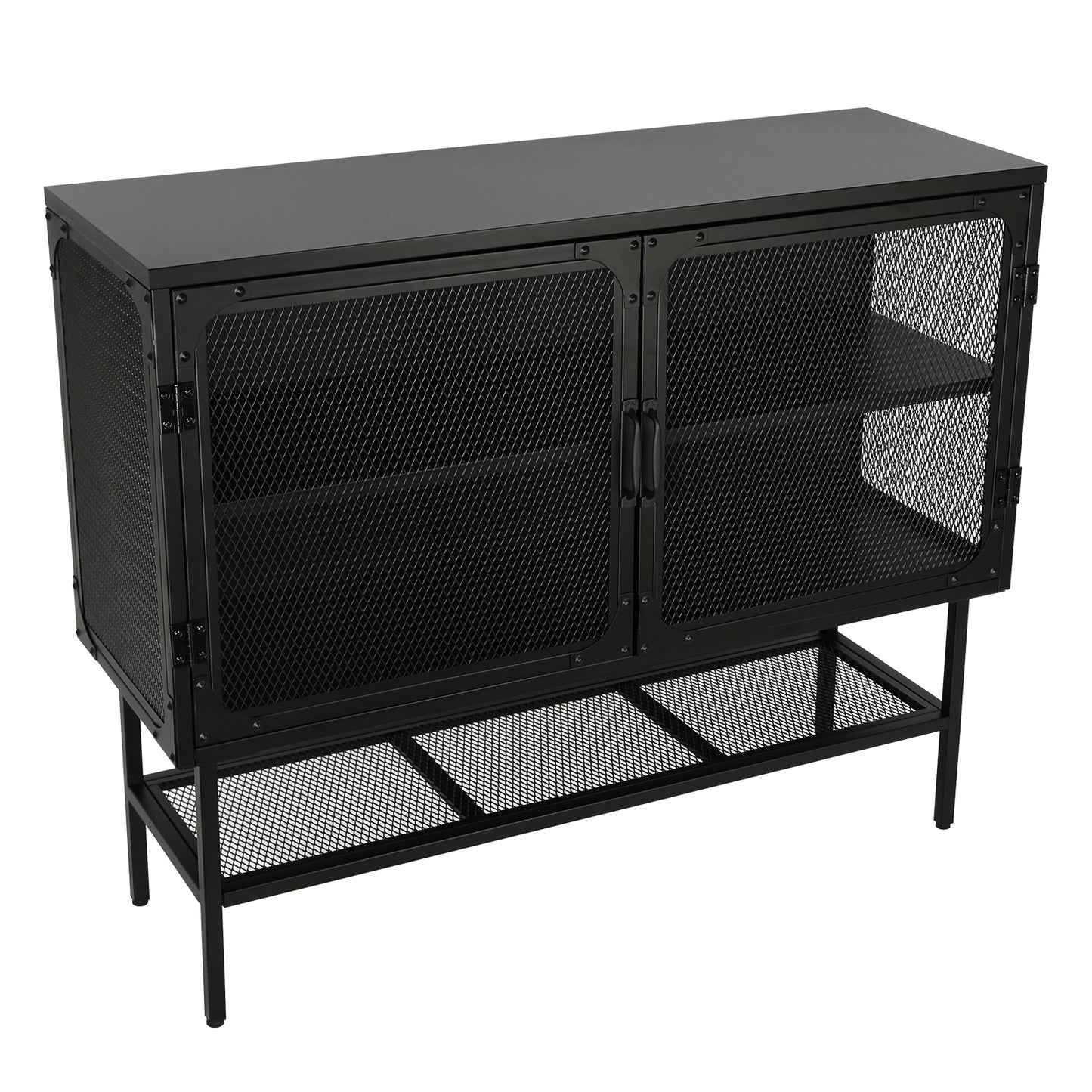 Industrial Double Door Cabinet Console Table with 2 Mesh Doors Adjustable Shelf and Feet Bottom Shelf Anti-Tip Dust-free Kitchen Credenza Sideboard Frosted Black