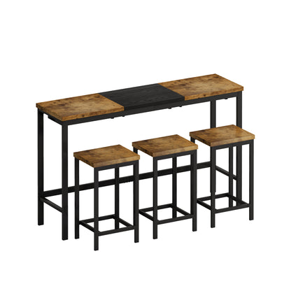 Modern Design Kitchen Dining Table, Pub Table, Long Dining Table Set with 3 Stools, Convenient Hanging Stool Design, Natural+Black