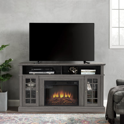 Classic TV Media Stand Modern Entertainment Console with 23" Fireplace Insert for TV Up to 65" with Open and Closed Storage Space, Dark Walnut/Black, 58.25"W*15.75"D*32"H